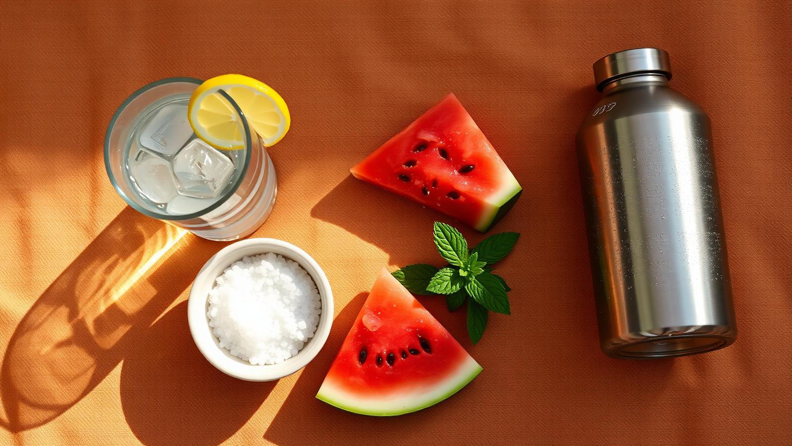 Overhead flat lay of a glass of ice water with lemon, a small bowl of sea salt, watermelon slices, mint, and a stainless steel water bottle on a warm terracotta linen background.