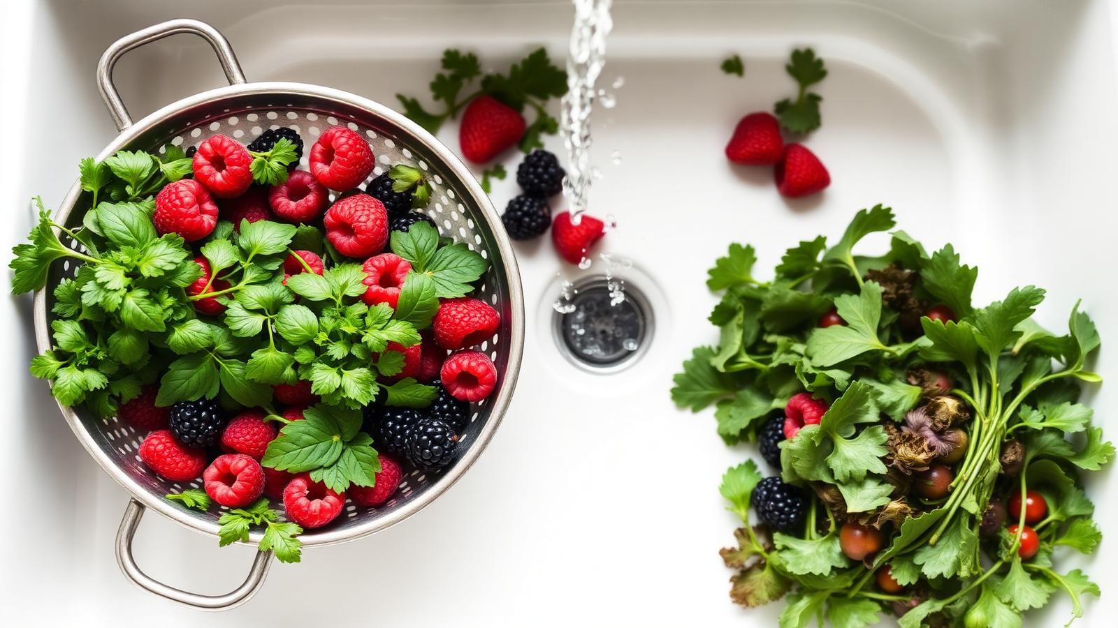 Fresh herbs, raspberries, blackberries and salad greens being rinsed in a metal colander under running water in a bright kitchen sink.