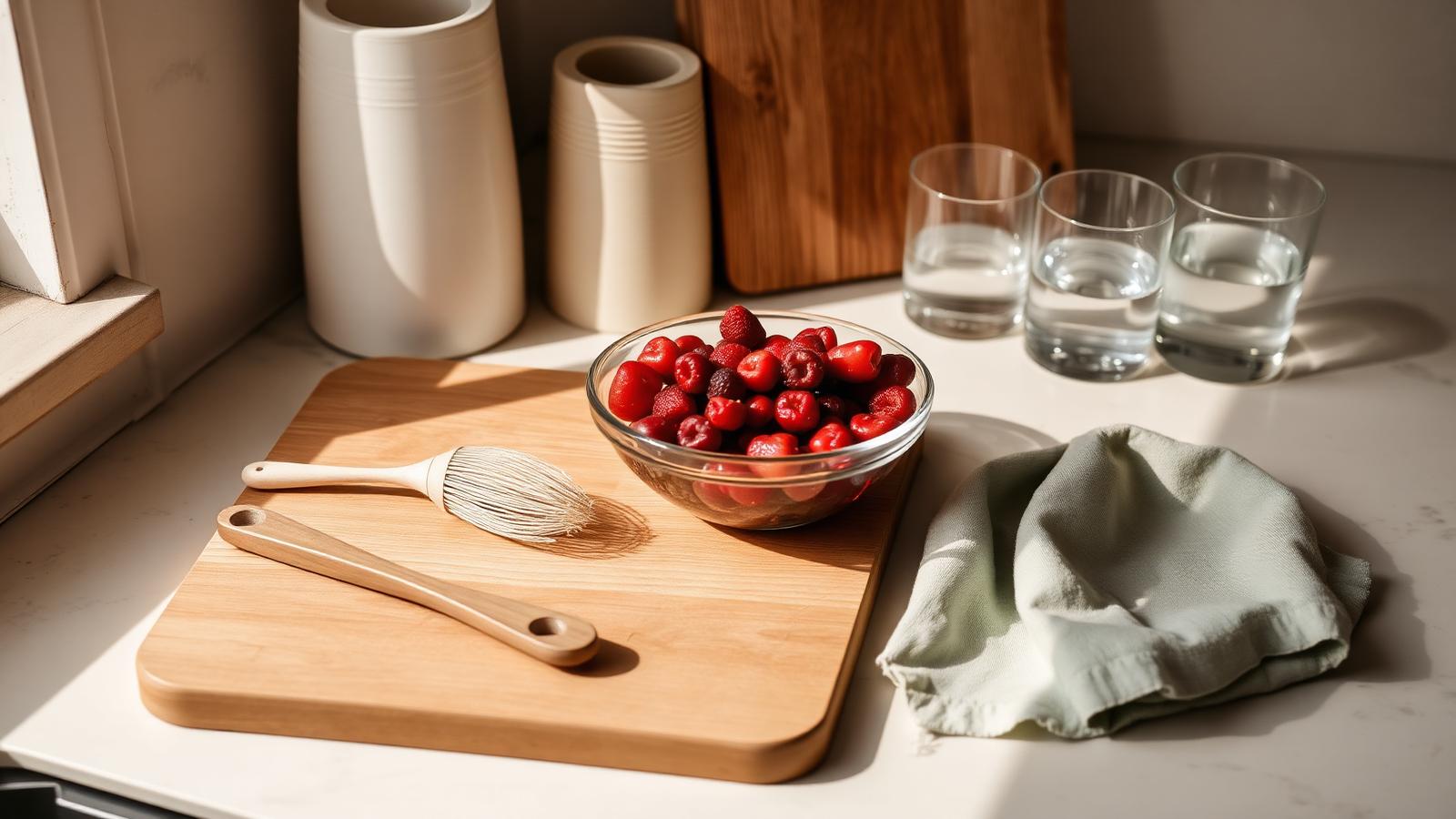 A kitchen counter with a wooden cutting board, a bowl of washed berries, a produce brush, a clean towel and glasses of water in warm natural light.
