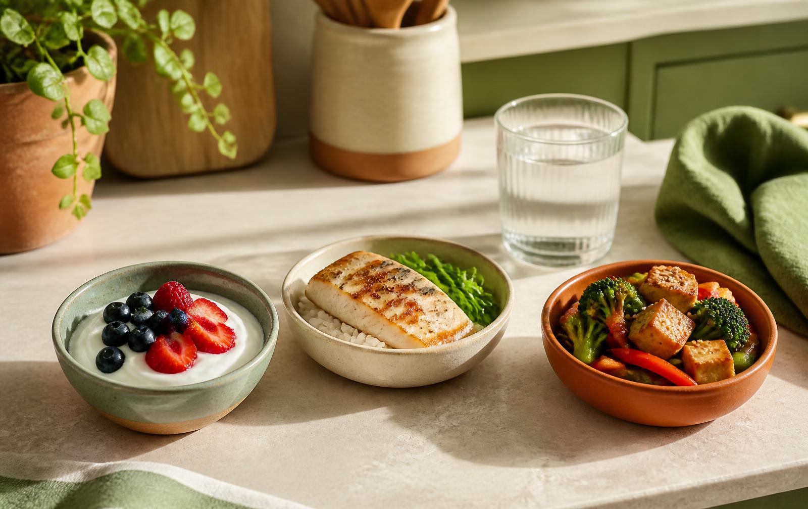 Three small protein-forward meals on a kitchen counter: Greek yogurt with berries, grilled fish with rice, and a tofu and vegetable stir fry, next to a glass of water.