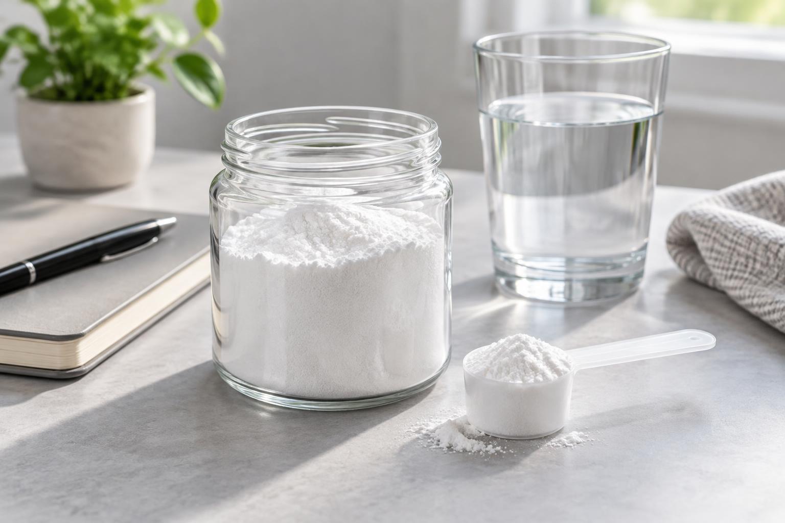 Unbranded jar of white powder and a measuring scoop beside a notebook and glass of water.