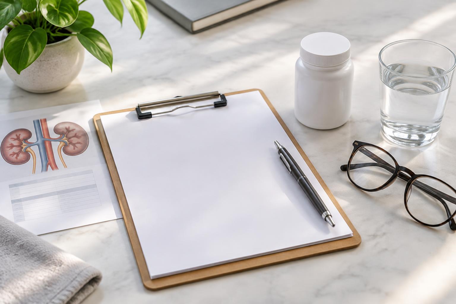 Clipboard with blank paper, pen, glasses and an unbranded supplement bottle on a desk.
