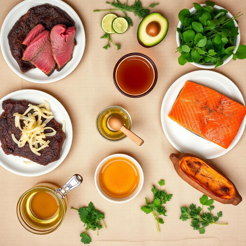 Overhead flat lay of AIP-friendly foods — grass-fed beef, wild salmon, bone broth, sauerkraut, avocado, roasted sweet potato, leafy greens, olive oil, and fresh herbs on warm linen.