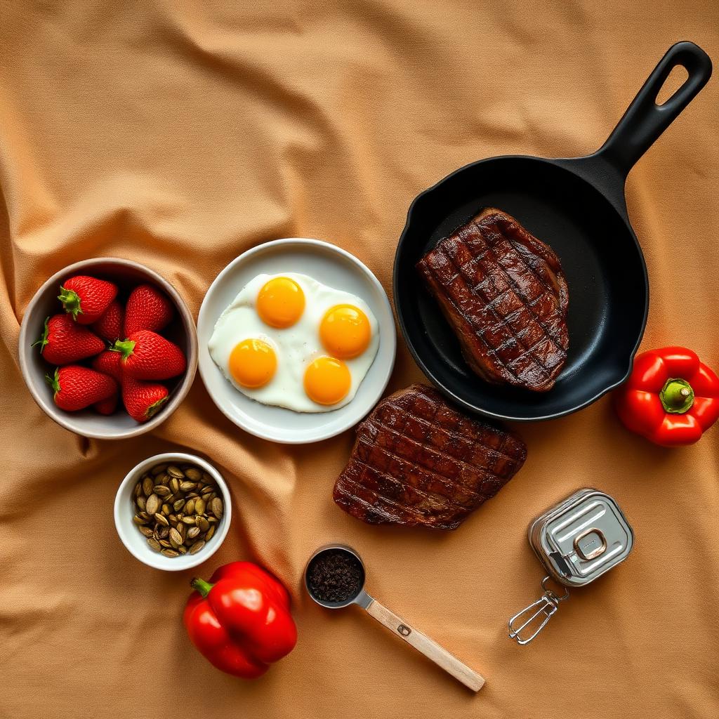 Overhead of iron-rich, CKD-friendly foods on warm linen: cast-iron skillet with a lean sirloin, two eggs on a plate, a small bowl of strawberries, pumpkin seeds, red bell pepper, and a can of sardines.