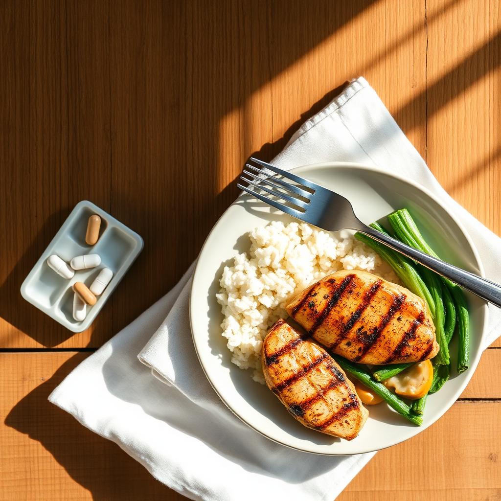 Overhead of a dinner plate with grilled chicken, white rice, and steamed green beans next to a small pill organizer on a wooden table.