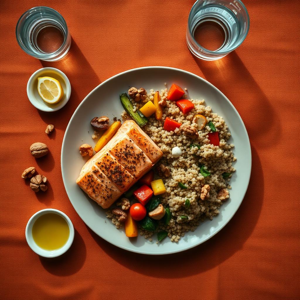 Overhead of a Mediterranean-style CKM-friendly plate: baked salmon, quinoa with roasted vegetables, olive oil, walnuts, lemon, and a glass of water on warm terracotta linen.