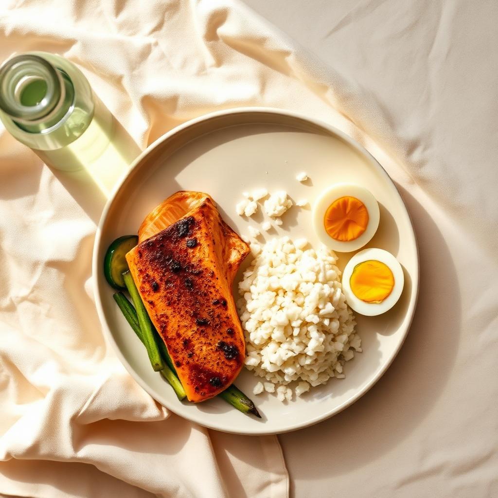 Overhead plate: grilled salmon fillet, white rice, sautéed zucchini, and a halved boiled egg on cream linen, beside a small water bottle.