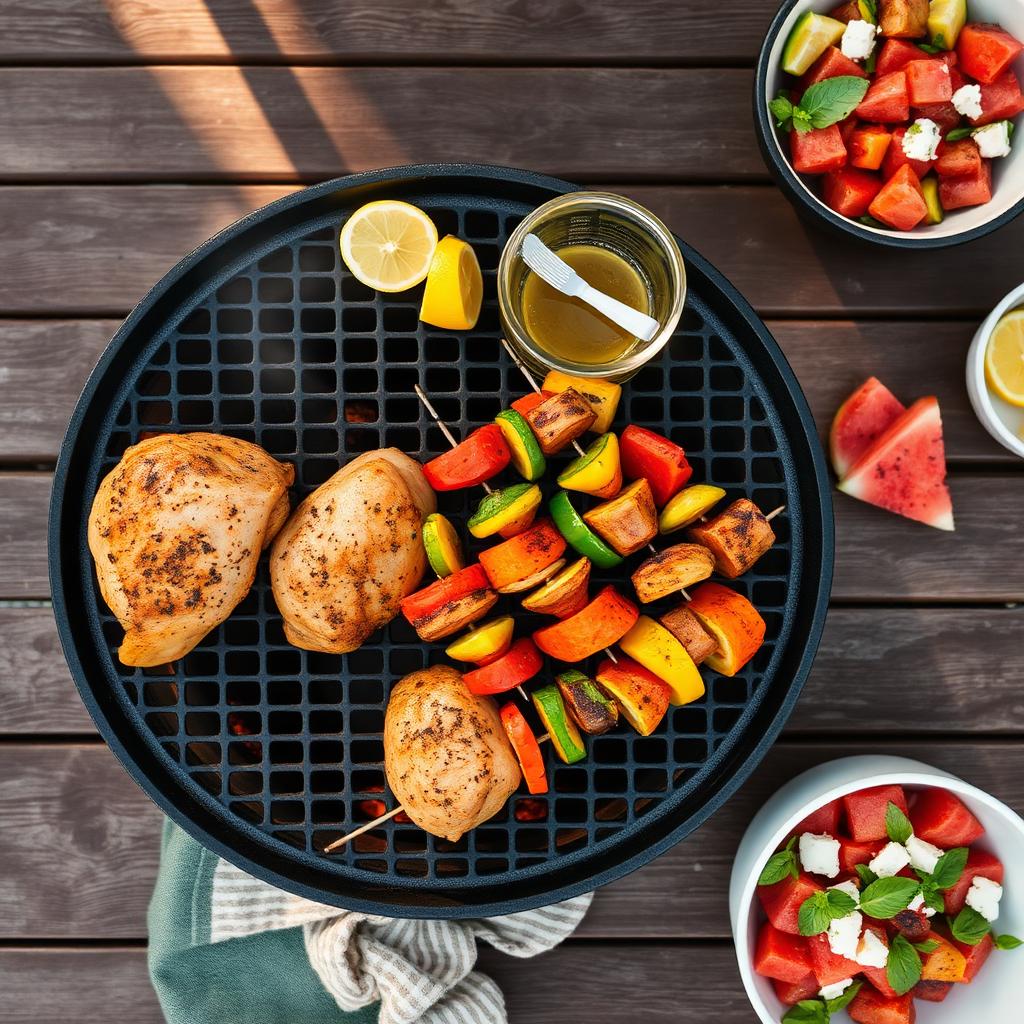 Overhead of a backyard summer grill: fresh chicken thighs and colorful vegetable skewers on a cast iron grate, small bowl of lemon-herb marinade with brush, sliced lemons, and a bowl of watermelon-feta-mint salad on a wooden table.