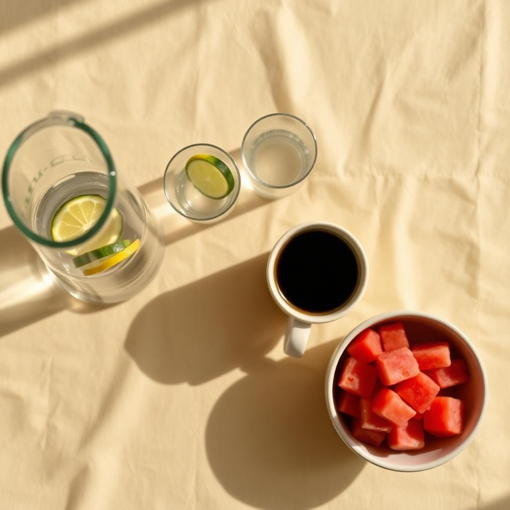 Overhead still life on cream linen: a glass carafe of water with cucumber and lemon, two small tumblers, a mug of black coffee, and a small bowl of watermelon cubes in soft morning light.