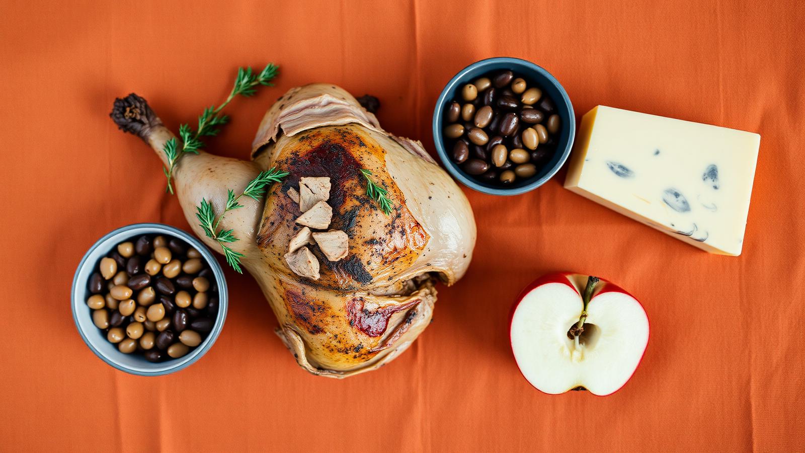 Overhead flat lay of whole chicken, dried beans, a block of cheese, and a sliced apple on warm terracotta linen — real single-ingredient foods that fit a low-phosphorus diet.