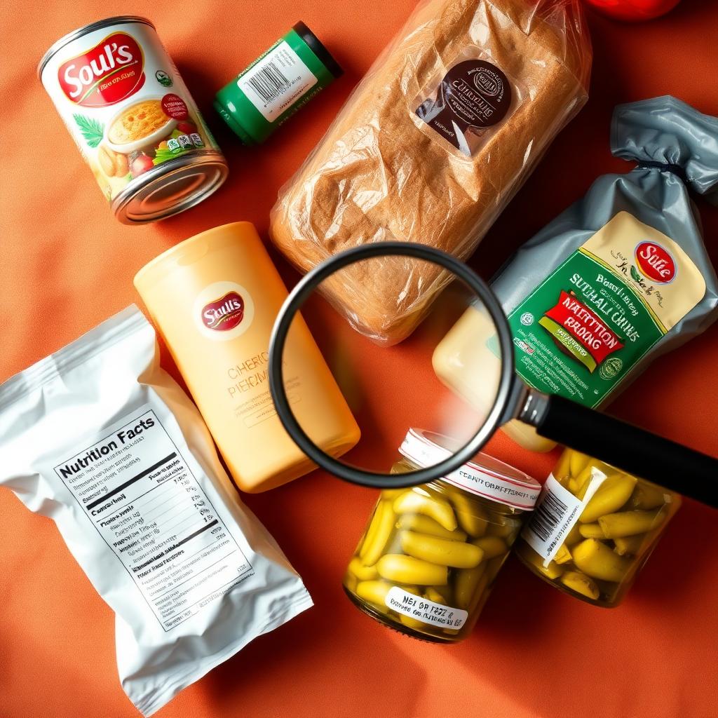 Overhead of packaged grocery items — canned soup, bread, salad dressing, jarred pickles — beside a magnifying glass hovering over a nutrition facts label.