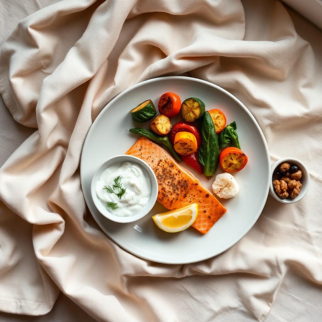Overhead of a Mediterranean-anti-inflammatory plate: baked salmon, small bowl of Greek yogurt with cucumber and dill, roasted vegetables in olive oil, lemon wedge, and a small dish of walnuts and berries on soft neutral linen.
