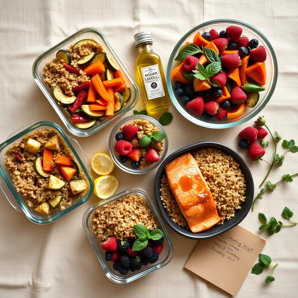 Overhead flat lay of a week of kidney-friendly meal prep: glass containers with quinoa, roasted vegetables, baked salmon, farro grain bowl, mixed berries, olive oil, fresh herbs, and a handwritten grocery list on kraft paper.