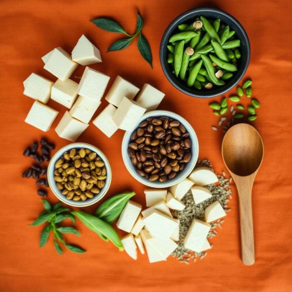 Overhead flat lay of plant proteins for CKD — cubed tofu, edamame in a small bowl, cooked lentils, hemp seeds, and a wooden spoon on warm terracotta linen.
