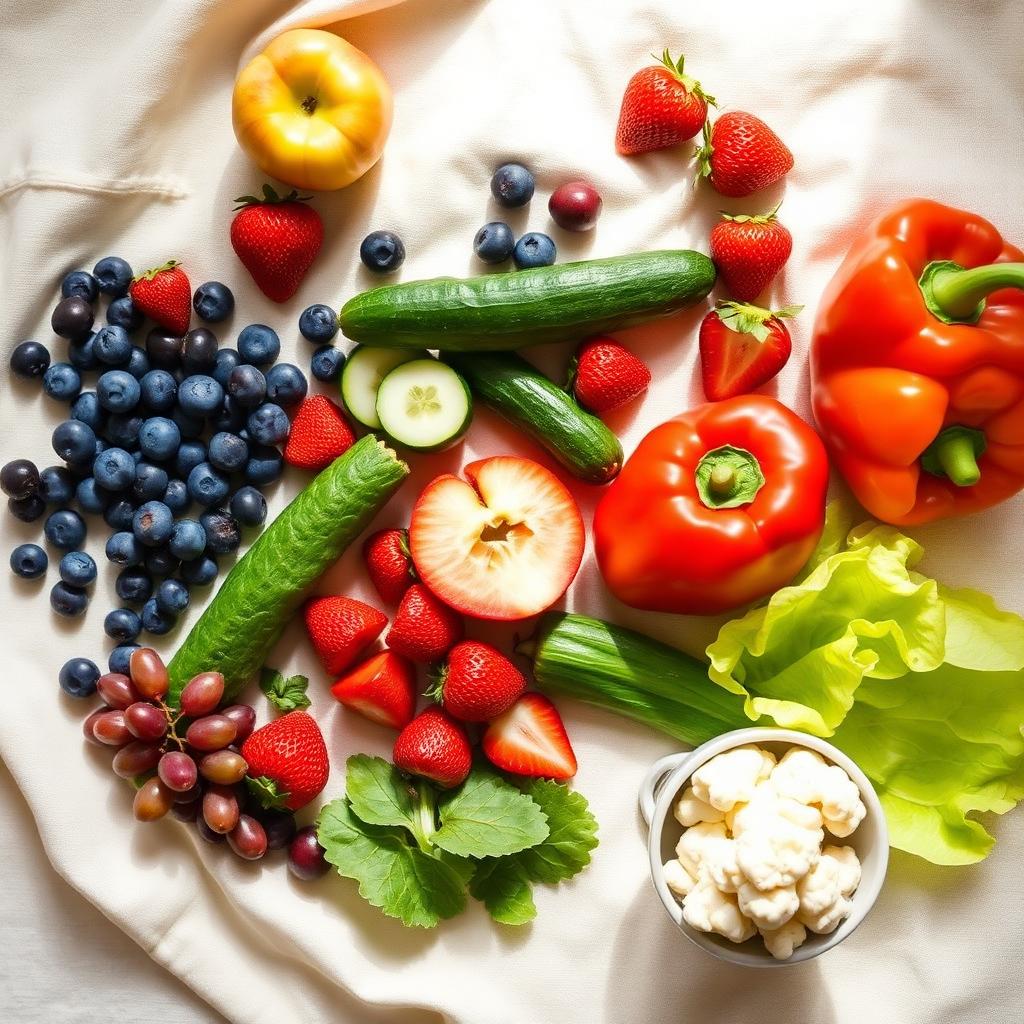 Overhead spread of low-potassium produce on soft linen: apples, blueberries, strawberries, grapes, cucumber, romaine lettuce, bell peppers, and cauliflower.