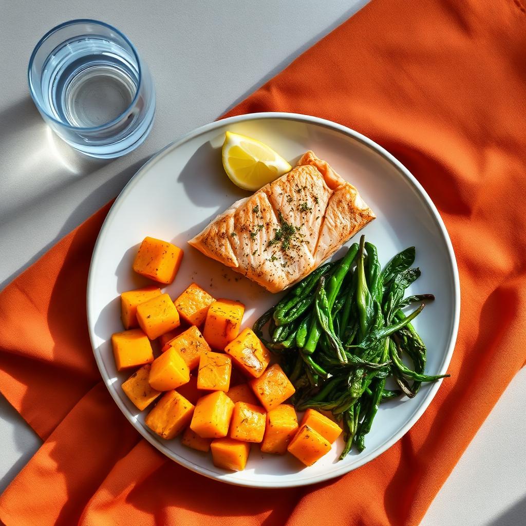 Overhead of a kidney-friendly plate: baked salmon, roasted sweet potato, sautéed greens, and a glass of water on warm terracotta linen.