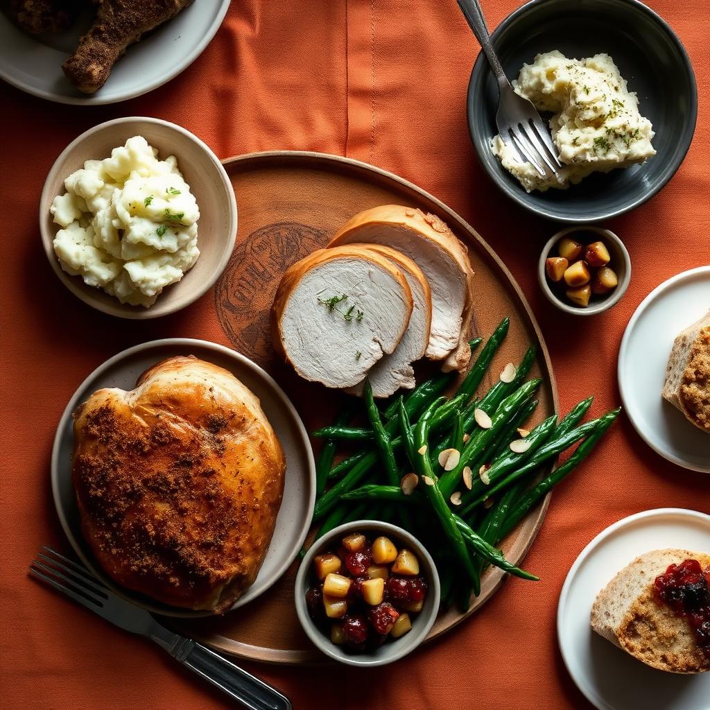 Overhead Thanksgiving spread on terracotta linen: sliced herb-roasted turkey, mashed potatoes, roasted green beans with almonds, cranberry-orange relish, and apple crisp.